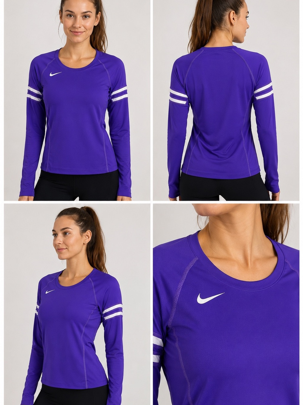 Nike Women's Purple Long Sleeve Athletic Tee with White Stripe Detail